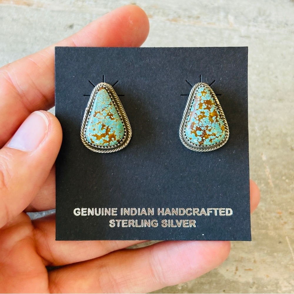 ♥️ Navajo ♥️ Dustin Francisco Sterling Silver & #8 Turquoise Stud Earrings - Picture 2 of 10